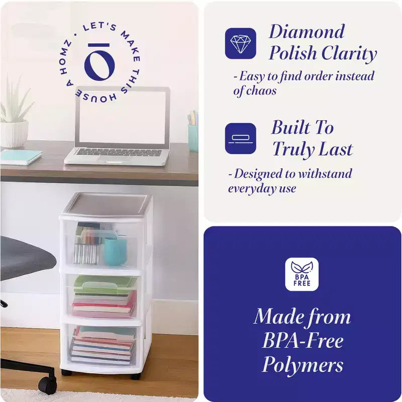 HOMZ Chariot de rangement 3 tiroirs avec roulettes amovibles, moyen, cadre violet