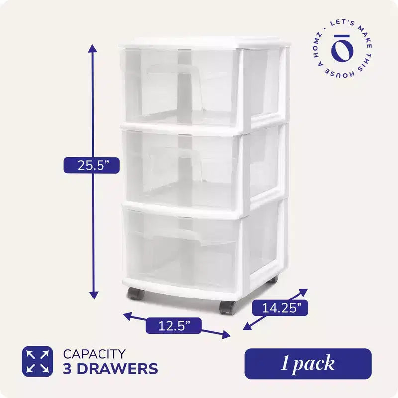 HOMZ Chariot de rangement 3 tiroirs avec roulettes amovibles, moyen, cadre violet