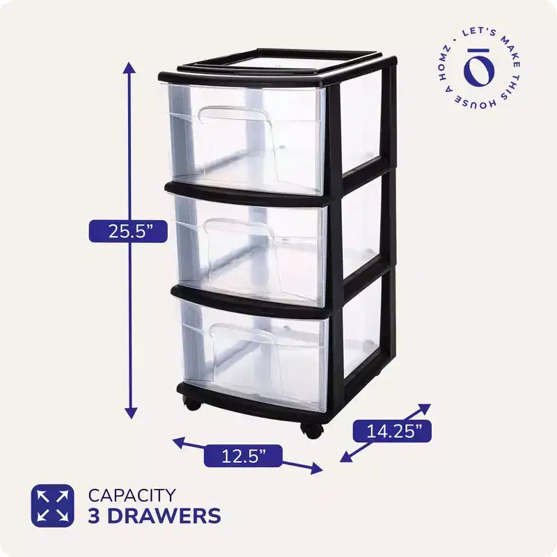 HOMZ Chariot de rangement 3 tiroirs avec roulettes amovibles, moyen, cadre violet