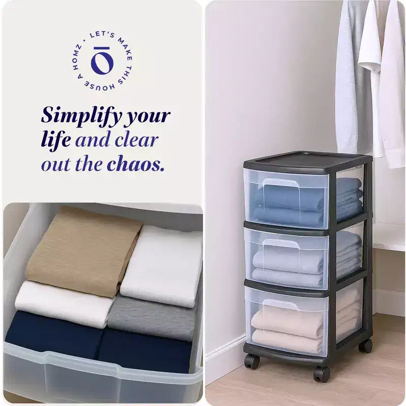 HOMZ Chariot de rangement 3 tiroirs avec roulettes amovibles, moyen, cadre violet