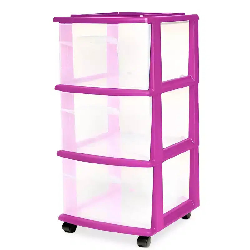 HOMZ Chariot de rangement 3 tiroirs avec roulettes amovibles, moyen, cadre violet