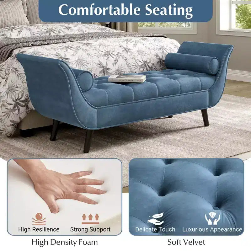 Banc de bout de lit Whisen, pouf de rangement, banc d'entrée avec velours capitonné, accoudoirs roulés, 2 coussins détachables, pieds en chêne massif, assemblage facile