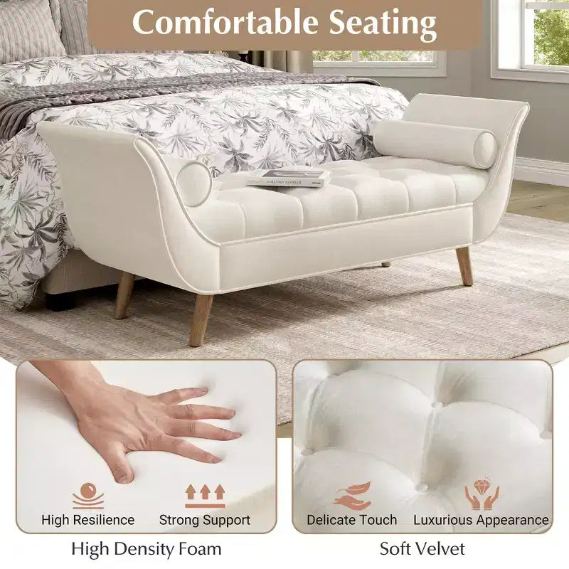 Banc de bout de lit Whisen, pouf de rangement, banc d'entrée avec velours capitonné, accoudoirs roulés, 2 coussins détachables, pieds en chêne massif, assemblage facile