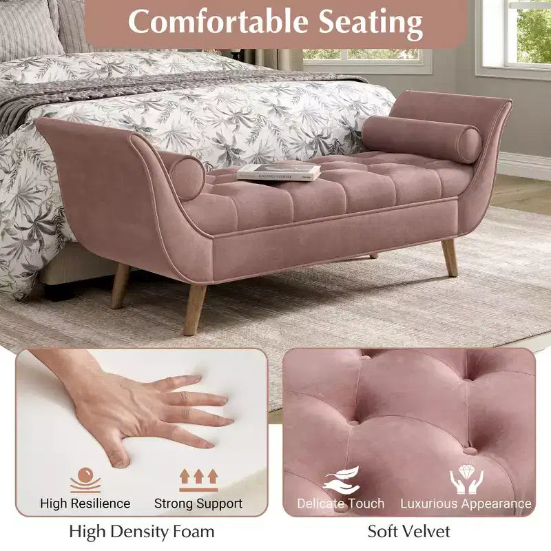 Banc de bout de lit Whisen, pouf de rangement, banc d'entrée avec velours capitonné, accoudoirs roulés, 2 coussins détachables, pieds en chêne massif, assemblage facile