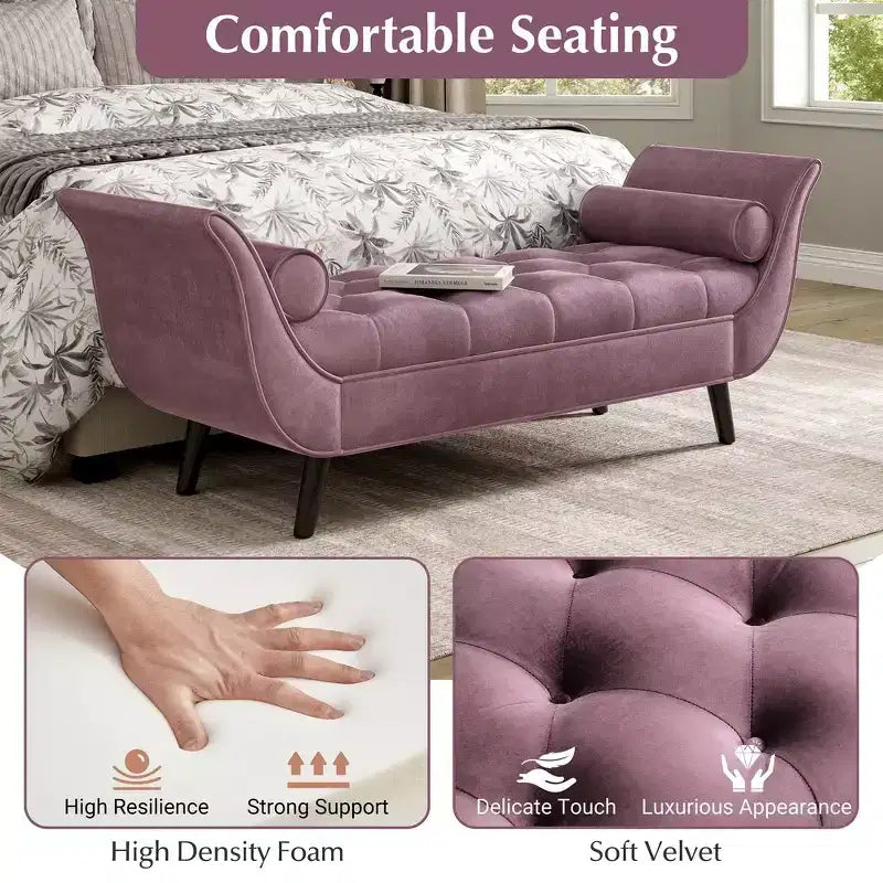 Banc de bout de lit Whisen, pouf de rangement, banc d'entrée avec velours capitonné, accoudoirs roulés, 2 coussins détachables, pieds en chêne massif, assemblage facile