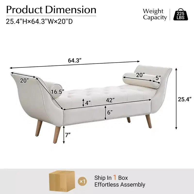 Banc de bout de lit Whisen, pouf de rangement, banc d'entrée avec velours capitonné, accoudoirs roulés, 2 coussins détachables, pieds en chêne massif, assemblage facile