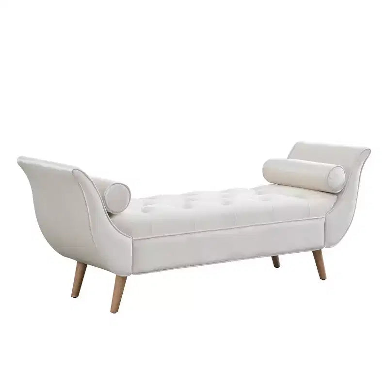 Banc de bout de lit Whisen, pouf de rangement, banc d'entrée avec velours capitonné, accoudoirs roulés, 2 coussins détachables, pieds en chêne massif, assemblage facile