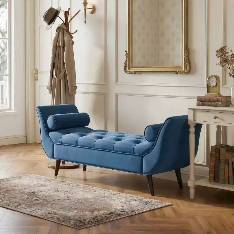 Banc de bout de lit Whisen, pouf de rangement, banc d'entrée avec velours capitonné, accoudoirs roulés, 2 coussins détachables, pieds en chêne massif, assemblage facile