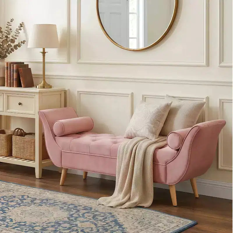 Banc de bout de lit Whisen, pouf de rangement, banc d'entrée avec velours capitonné, accoudoirs roulés, 2 coussins détachables, pieds en chêne massif, assemblage facile
