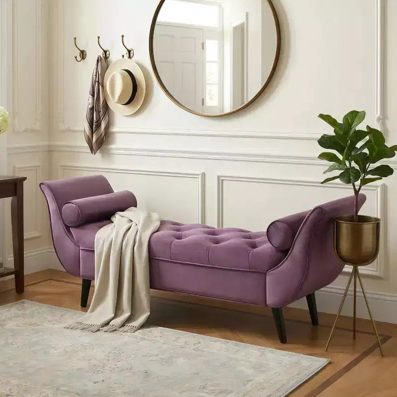 Banc de bout de lit Whisen, pouf de rangement, banc d'entrée avec velours capitonné, accoudoirs roulés, 2 coussins détachables, pieds en chêne massif, assemblage facile
