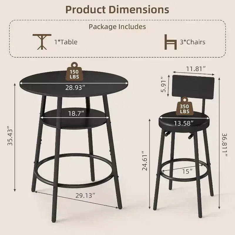 Zevemomo Ensemble table de bar ronde 4 pièces de 28,9 po avec 3 tabourets rembourrés épais avec dossier pour petit espace, bistro, noir