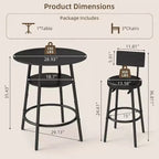 Zevemomo Ensemble table de bar ronde 4 pièces de 28,9 po avec 3 tabourets rembourrés épais avec dossier pour petit espace, bistro, noir