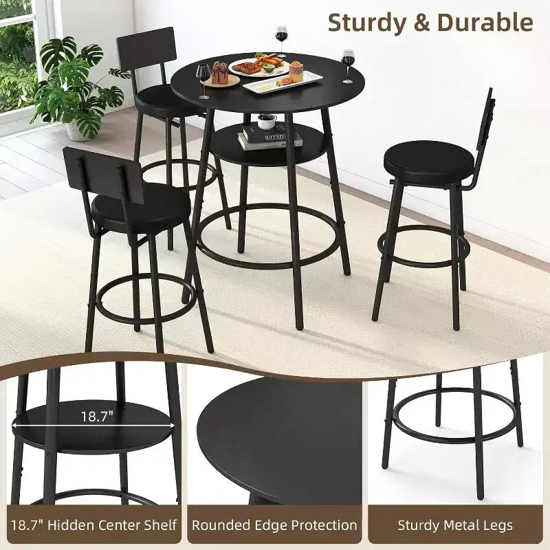 Zevemomo Ensemble table de bar ronde 4 pièces de 28,9 po avec 3 tabourets rembourrés épais avec dossier pour petit espace, bistro, noir