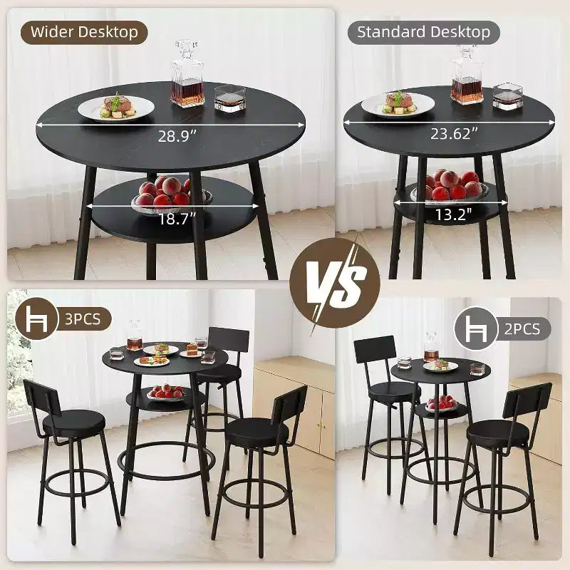 Zevemomo Ensemble table de bar ronde 4 pièces de 28,9 po avec 3 tabourets rembourrés épais avec dossier pour petit espace, bistro, noir