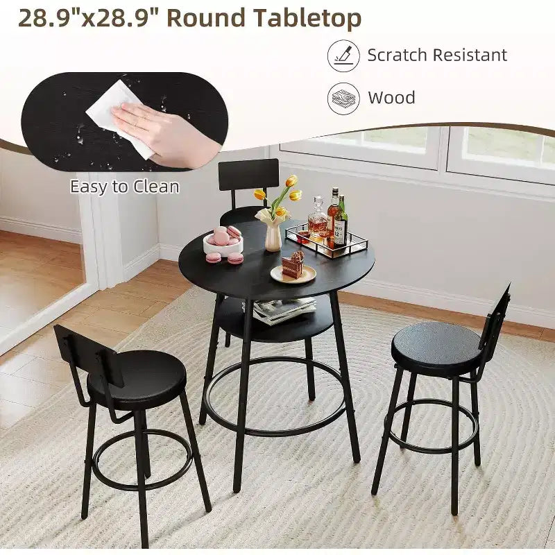 Zevemomo Ensemble table de bar ronde 4 pièces de 28,9 po avec 3 tabourets rembourrés épais avec dossier pour petit espace, bistro, noir