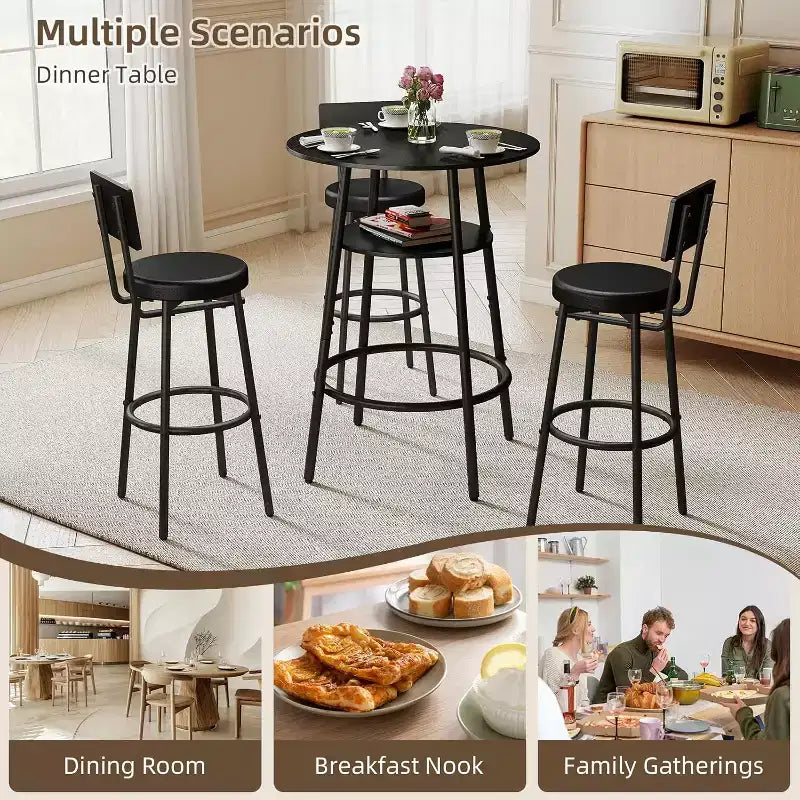 Zevemomo Ensemble table de bar ronde 4 pièces de 28,9 po avec 3 tabourets rembourrés épais avec dossier pour petit espace, bistro, noir