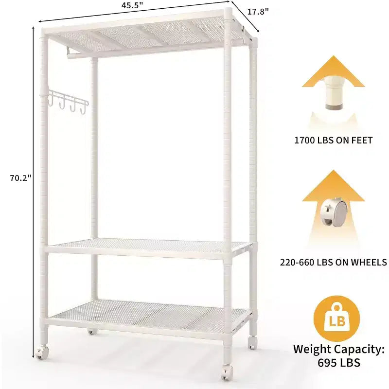Portant à vêtements roulant robuste à 3 niveaux, étagères réglables, crochets latéraux, roues verrouillables, organisateur de garde-robe autoportant pour chambre à coucher