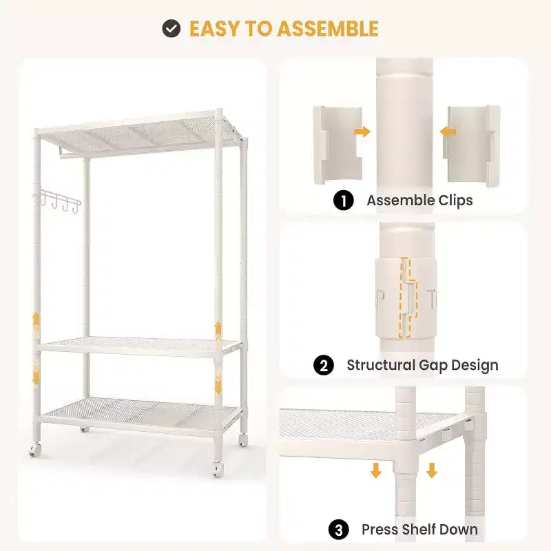 Portant à vêtements roulant robuste à 3 niveaux, étagères réglables, crochets latéraux, roues verrouillables, organisateur de garde-robe autoportant pour chambre à coucher