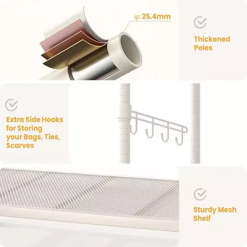 Portant à vêtements roulant robuste à 3 niveaux, étagères réglables, crochets latéraux, roues verrouillables, organisateur de garde-robe autoportant pour chambre à coucher