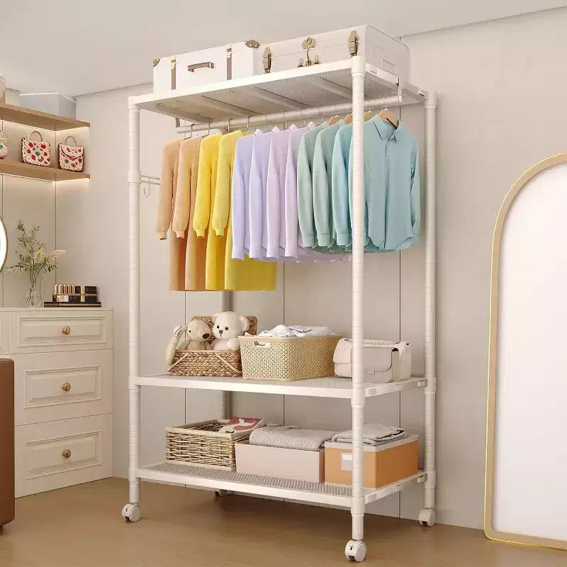Portant à vêtements roulant robuste à 3 niveaux, étagères réglables, crochets latéraux, roues verrouillables, organisateur de garde-robe autoportant pour chambre à coucher