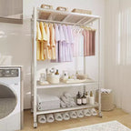 Portant à vêtements roulant robuste à 3 niveaux, étagères réglables, crochets latéraux, roues verrouillables, organisateur de garde-robe autoportant pour chambre à coucher