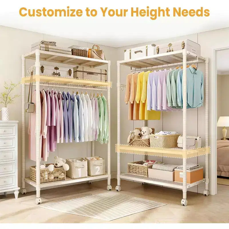 Portant à vêtements roulant robuste à 3 niveaux, étagères réglables, crochets latéraux, roues verrouillables, organisateur de garde-robe autoportant pour chambre à coucher