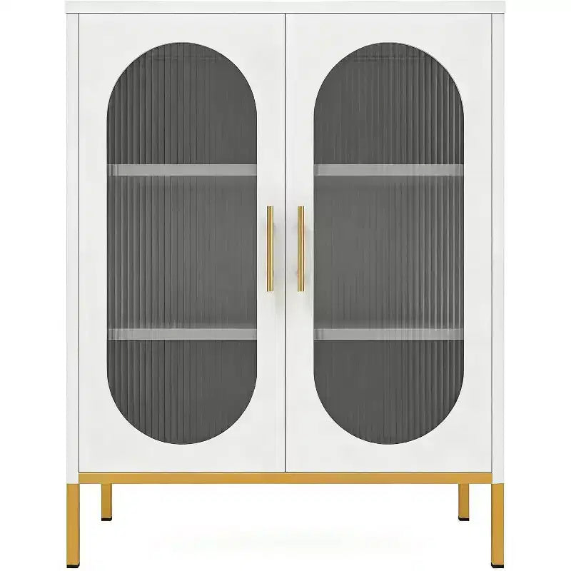 White Metal Double Arched Fluted Glass Cabinet, 2 Glass Doors Storage Cabinet with Adjustable Shelves, Modern Sideboard for Living Room, Dining Room