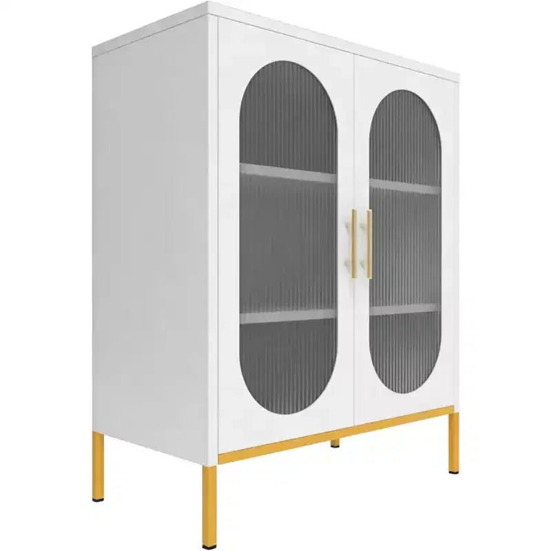 Meuble vitrine en métal blanc à double arche et verre cannelé, meuble de rangement à 2 portes vitrées avec étagères réglables, buffet moderne pour salon, salle à manger
