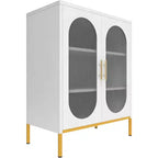 Meuble vitrine en métal blanc à double arche et verre cannelé, meuble de rangement à 2 portes vitrées avec étagères réglables, buffet moderne pour salon, salle à manger