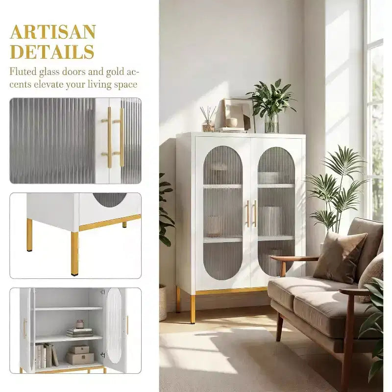 Meuble vitrine en métal blanc à double arche et verre cannelé, meuble de rangement à 2 portes vitrées avec étagères réglables, buffet moderne pour salon, salle à manger