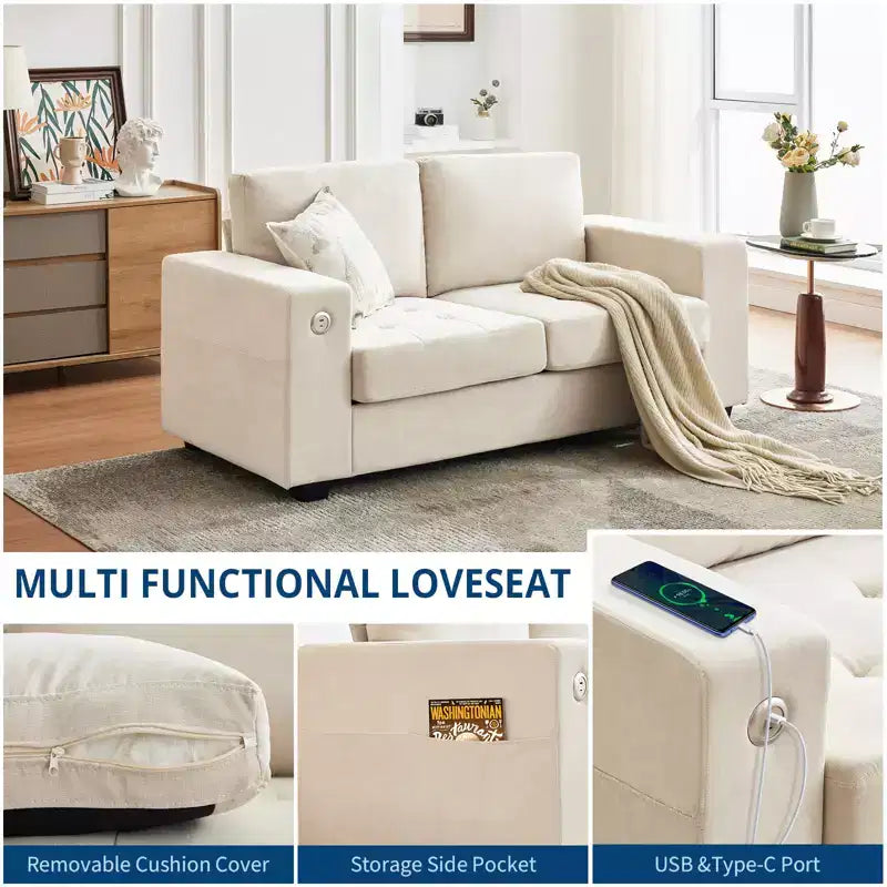 Canapé double minimaliste surdimensionné 71 - Canapé 2 places moderne en chenille, assise profonde, accoudoirs larges, poches de rangement latérales, housse de coussin lavable