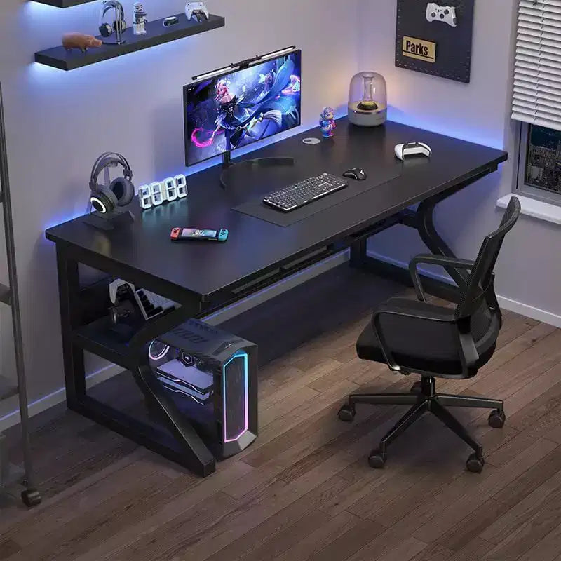 Bureau informatique industriel robuste Table de travail et de jeu avec étagères Structure métal et bois Gain de place pour bureau ou chambre Noir 80x50cm