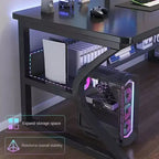 Bureau informatique industriel robuste Table de travail et de jeu avec étagères Structure métal et bois Gain de place pour bureau ou chambre Noir 80x50cm