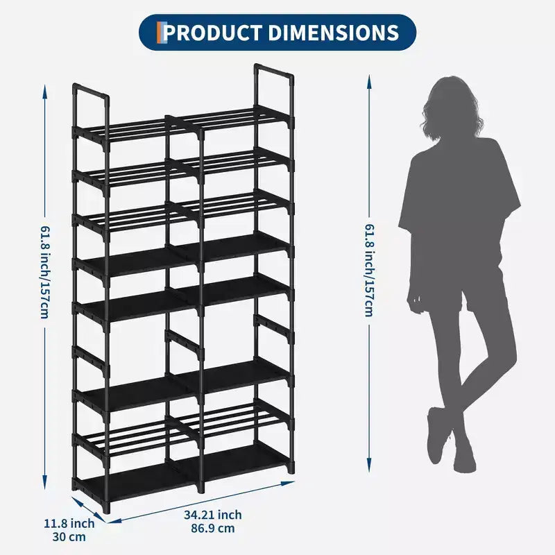 Étagère à chaussures 8 niveaux - Cadre en métal avec étagères en tissu, 86,9 cm de large, organiseur noir pouvant contenir 32 paires, économiseur d'espace réglable pour entrée ou placard