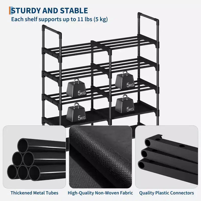 Étagère à chaussures 8 niveaux - Cadre en métal avec étagères en tissu, 86,9 cm de large, organiseur noir pouvant contenir 32 paires, économiseur d'espace réglable pour entrée ou placard