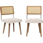Lot de 2 Chaises de Salle à Manger en Rotin Naturel Rembourrées en Lin avec Dossier Haut en Cannage et Pieds en Bois pour Salle à Manger/Cuisine, Beige.