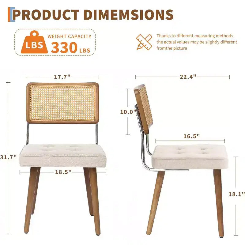 Lot de 2 Chaises de Salle à Manger en Rotin Naturel Rembourrées en Lin avec Dossier Haut en Cannage et Pieds en Bois pour Salle à Manger/Cuisine, Beige.