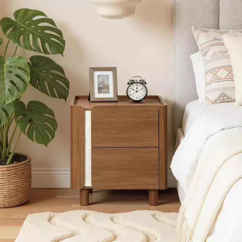 LuxenHome Table de chevet marron de 55 cm avec 2 tiroirs, table de chevet moderne du milieu du siècle pour chambre à coucher, table de chevet en bois pour salon