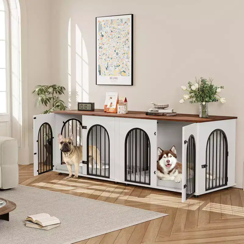 Modern Dog Crate Furniture, Large Indoor Wooden Kennel, Removable Divider, Divider, Cushions, Doors, for Living Room, Home