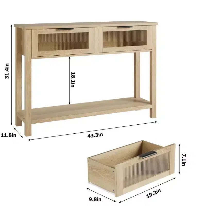 Console en bois pour entrée 43,3 po Table de canapé étroite avec 2 tiroirs en verre, étagère de rangement en MDF de style ferme pour salon et vestibule