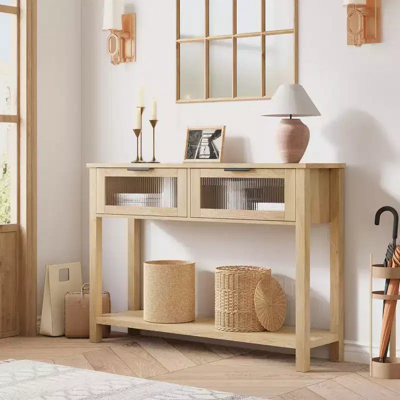 Console en bois pour entrée 43,3 po Table de canapé étroite avec 2 tiroirs en verre, étagère de rangement en MDF de style ferme pour salon et vestibule