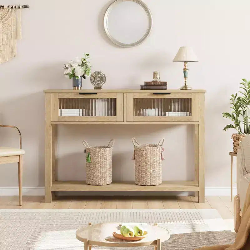 Console en bois pour entrée 43,3 po Table de canapé étroite avec 2 tiroirs en verre, étagère de rangement en MDF de style ferme pour salon et vestibule