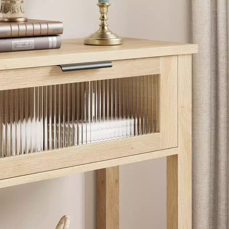 Console en bois pour entrée 43,3 po Table de canapé étroite avec 2 tiroirs en verre, étagère de rangement en MDF de style ferme pour salon et vestibule