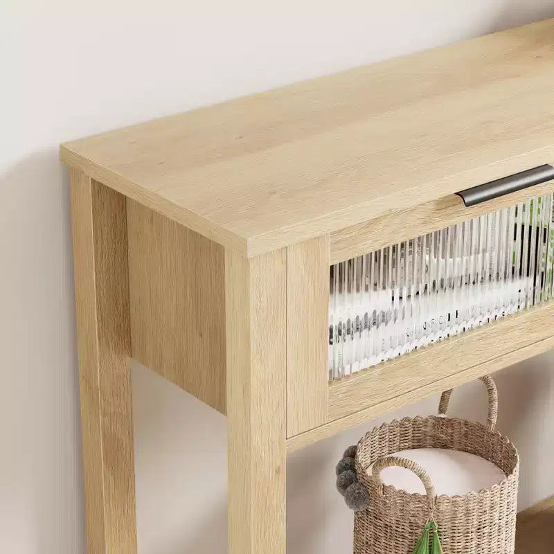 Console en bois pour entrée 43,3 po Table de canapé étroite avec 2 tiroirs en verre, étagère de rangement en MDF de style ferme pour salon et vestibule
