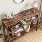 Console en bois pour entrée 43,3 po Table de canapé étroite avec 2 tiroirs en verre, étagère de rangement en MDF de style ferme pour salon et vestibule