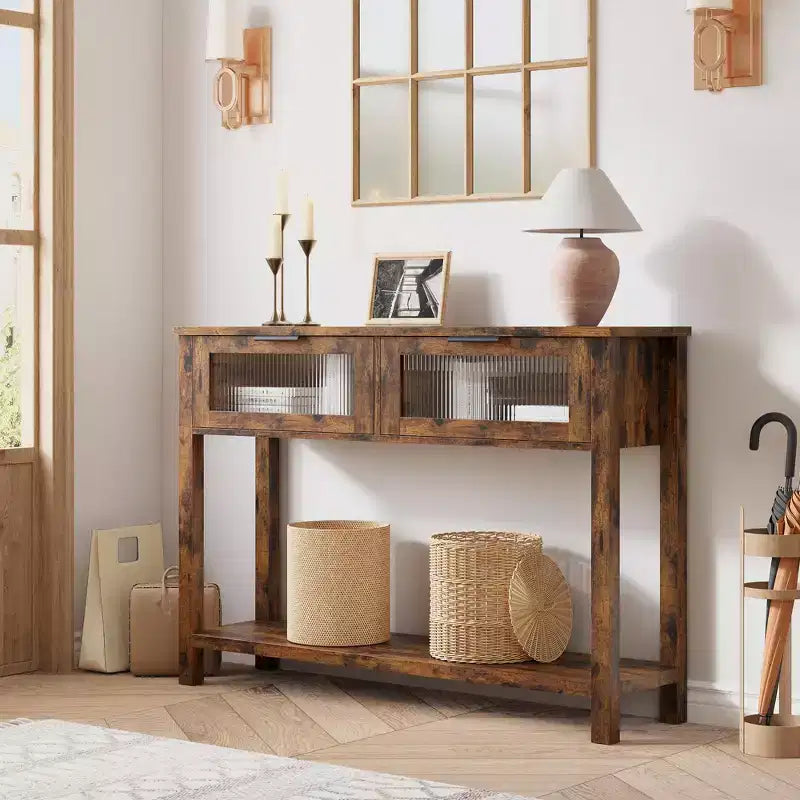 Console en bois pour entrée 43,3 po Table de canapé étroite avec 2 tiroirs en verre, étagère de rangement en MDF de style ferme pour salon et vestibule