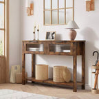 Console en bois pour entrée 43,3 po Table de canapé étroite avec 2 tiroirs en verre, étagère de rangement en MDF de style ferme pour salon et vestibule