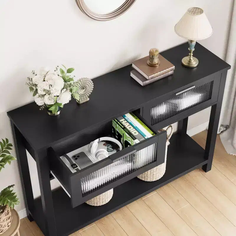 Console en bois pour entrée 43,3 po Table de canapé étroite avec 2 tiroirs en verre, étagère de rangement en MDF de style ferme pour salon et vestibule