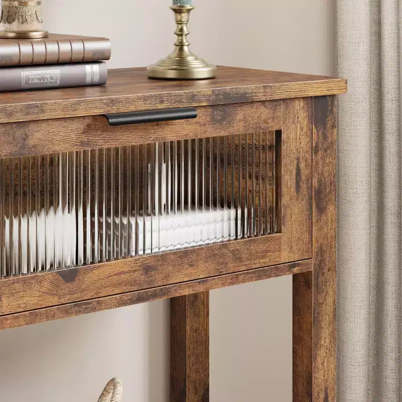 Console en bois pour entrée 43,3 po Table de canapé étroite avec 2 tiroirs en verre, étagère de rangement en MDF de style ferme pour salon et vestibule