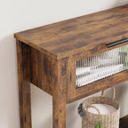 Console en bois pour entrée 43,3 po Table de canapé étroite avec 2 tiroirs en verre, étagère de rangement en MDF de style ferme pour salon et vestibule